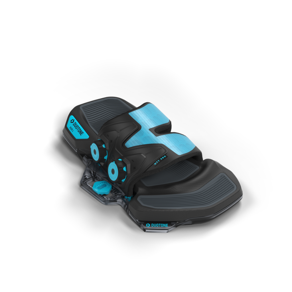 2027 Duotone NTT 360 kiteboard binding, angled view of the strap, footbed and mounting baseplate