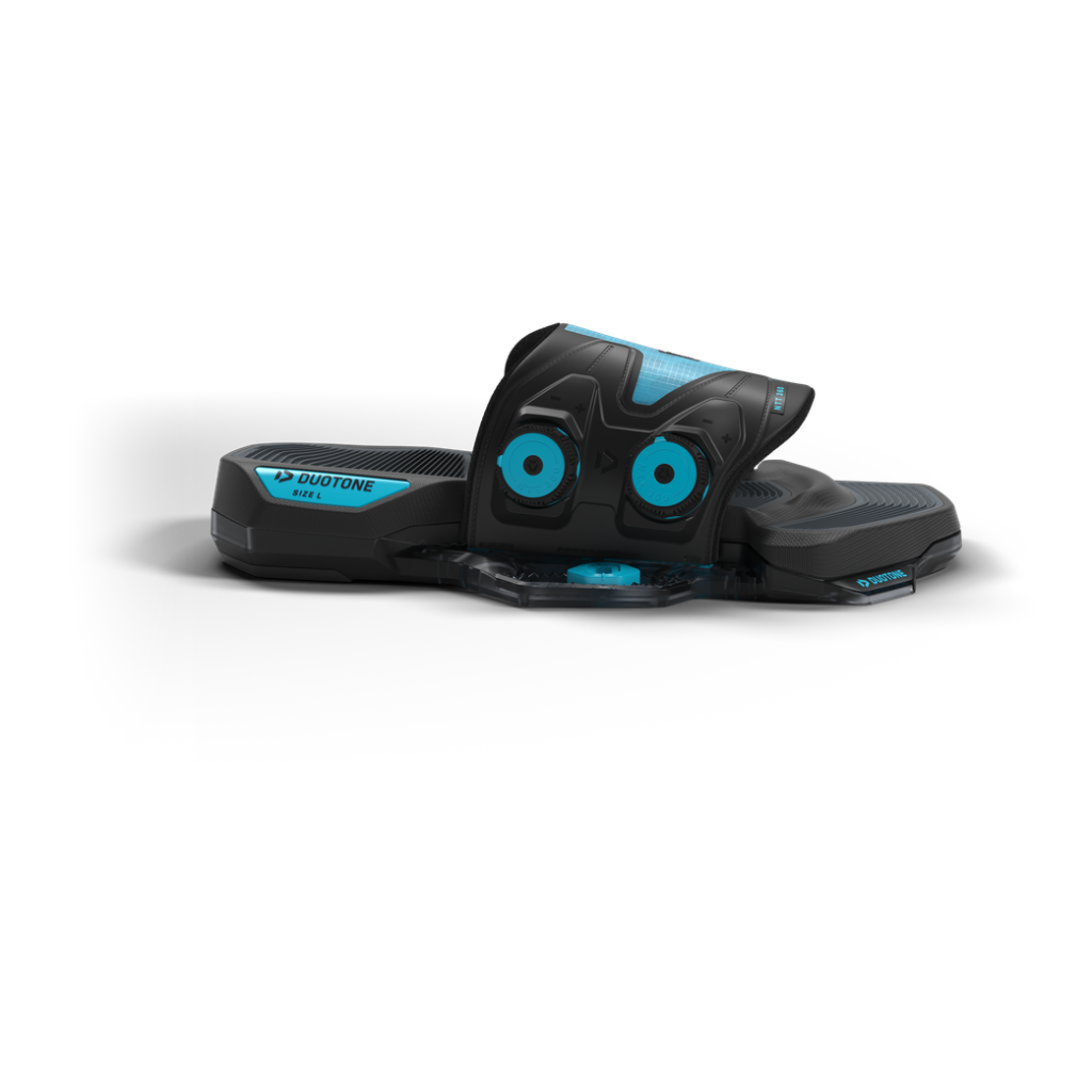 2027 Duotone NTT 360 kiteboard bindings, front view in black and blue with twin Dual Tune adjustment dials