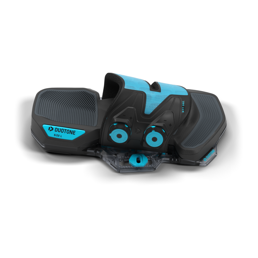 2027 Duotone NTT 360 kiteboard bindings, side profile with the Duotone size badge on the footpad