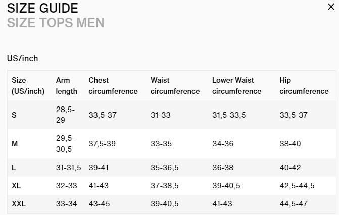ION Shelter Jacket Size Chart