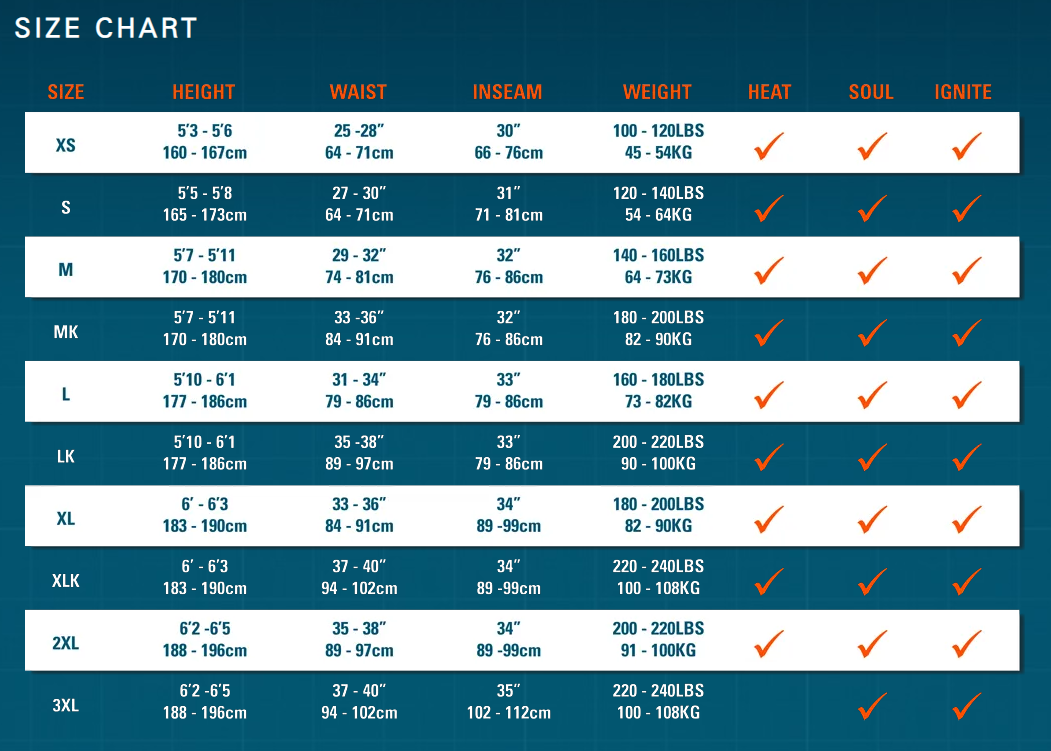 Ocean Rodeo Heat 3 Drysuit Kiting sailing SUP Paddle Boarding size chart